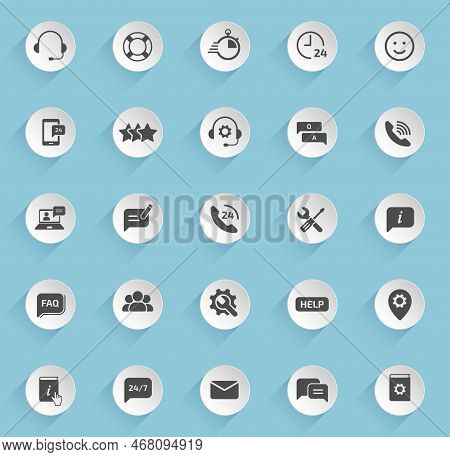 Support Vector Icons On Round Puffy Paper Circles With Transparent Shadows On Blue Background. Suppo