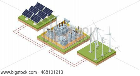 Isometric Green Energy Industry. Smart City With Wind Turbines, Solar Panels, Tank Containers And Ba