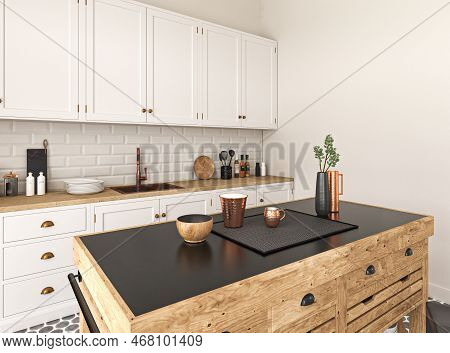 White Cooking Interior With Island And Countertop. Cupboard And Kitchenware On Deck. Modern Scandina