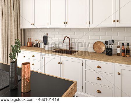 Loft Kitchen Interior With White Tile. White Color Furniture. Modern Countertops With A Built In Sin
