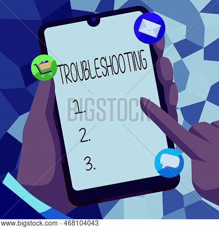 Text Caption Presenting Troubleshooting. Business Idea An Act Of Investigating Or Dealing With In Th