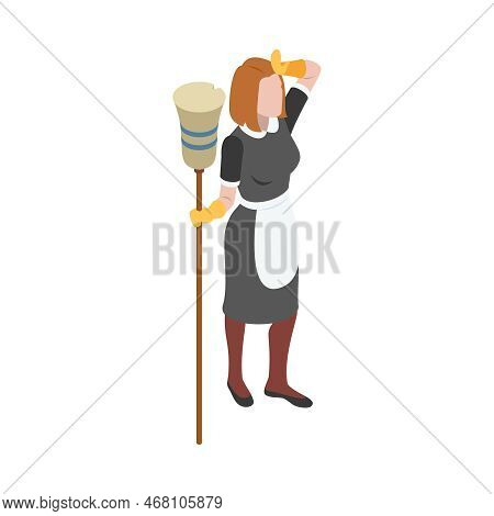 Tired Housemain With Broom On White Background 3d Isometric Vector Illustration