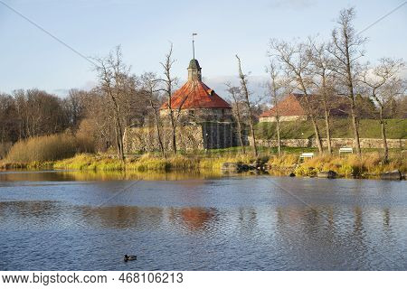 Ancient Tower Of Lars Torstensson (pugachev Tower) Of Korela Fortress In October Landscape. Priozers