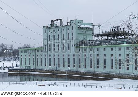 Volkhov, Russia - December 11, 2022: The Building Of The Volkhov Hydroelectric Power Station On A Cl