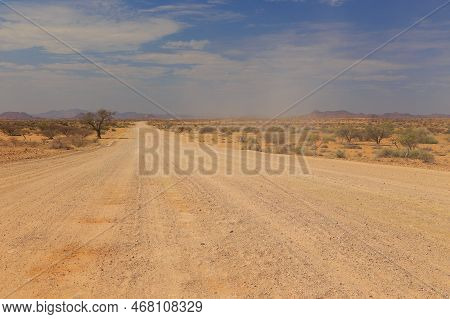 Namibian Landscape Along The Gravel Road. Yellow Ground And African Vegetation Around. Damaraland, H
