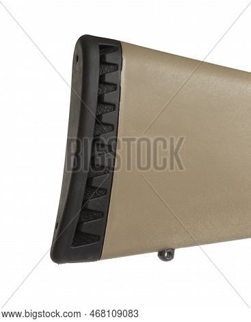 Black Recoil Pad On A Bolt Action Rifle With A White Background