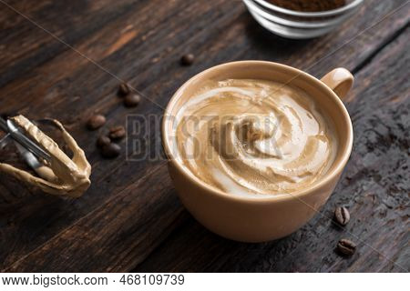Dalgona Coffee. Trendy Corean Recipe Of Whipped Coffee, Reverse Latte Or Homemade Dalgona Coffee On 