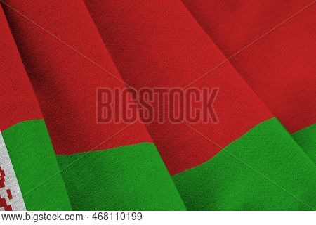 Belarus Flag With Big Folds Waving Close Up Under The Studio Light Indoors. The Official Symbols And