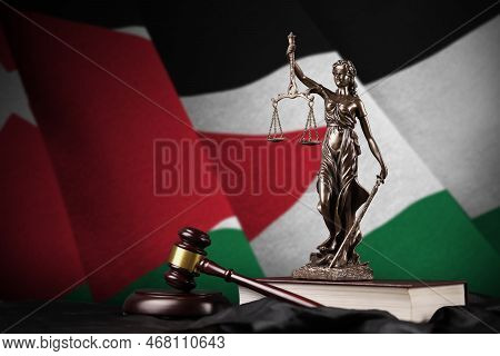 Jordan Flag With Statue Of Lady Justice, Constitution And Judge Hammer On Black Drapery. Concept Of 