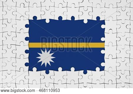 Nauru Flag In Frame Of White Puzzle Pieces With Missing Central Parts