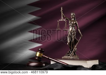 Qatar Flag With Statue Of Lady Justice, Constitution And Judge Hammer On Black Drapery. Concept Of J