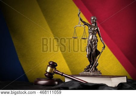 Chad Flag With Statue Of Lady Justice, Constitution And Judge Hammer On Black Drapery. Concept Of Ju