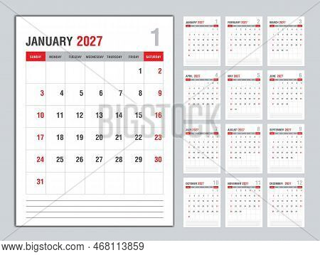Monthly Calendar Template For 2027 Year, Week Starts On Sunday, Planner 2027 Year, Wall Calendar In 