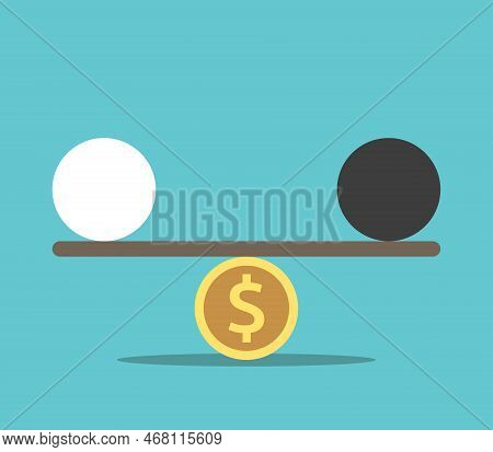Two Spheres On Seesaw Weight Scale Balanced On Dollar Coin. Profit, Injustice, Corruption, Bribery, 