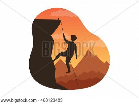 Cliff Climbing Illustration With Climber Climb Rock Wall Or Mountain Cliffs And Extreme Activity Spo