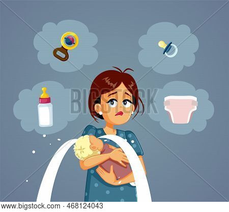 Mother Trying To Guess Why Baby Cries Vector Cartoon Illustration