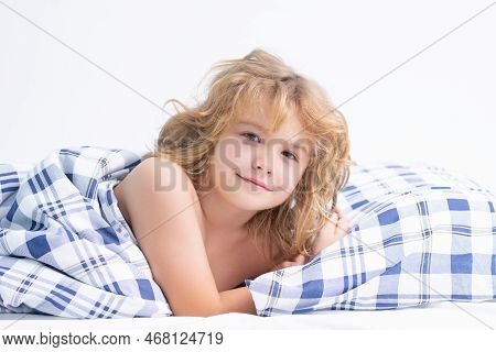 Good Morning. Morning Awakening Little Child In Bed. Kid Wakes Up In The Bedroom.