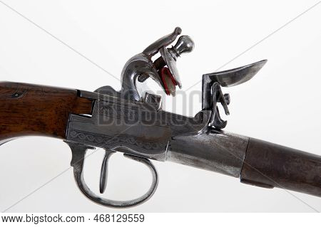 Old Gun Historical Detail Trigger Flint On White Background