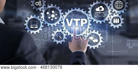 Vlan Trunking Protocol. Technology Networks Cocept. Blue Background