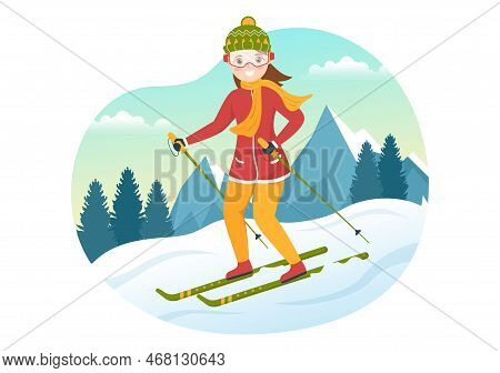Ski Illustration With Skiers Sliding Near Mountain Going Downhill In Skiing Resort In Flat Winter Sp