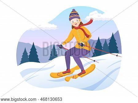 Ski Illustration With Skiers Sliding Near Mountain Going Downhill In Skiing Resort In Flat Winter Sp