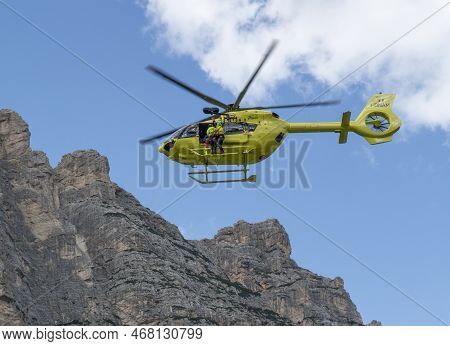 Fiames, Cortina D'ampezzo, Dolomites, Italy - July, 6,  2022 : Helicopter Rescue Service. Medical Fi