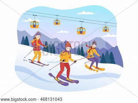 Ski Illustration With Skiers Sliding Near Mountain Going Downhill In Skiing Resort In Flat Winter Sp