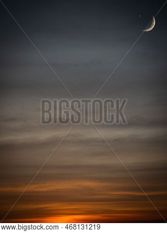 Mubarak Ramadan Month Muslim Islamic Moon Symbols,crescent Moon And Star On Night Sky Dusk Orange Pi