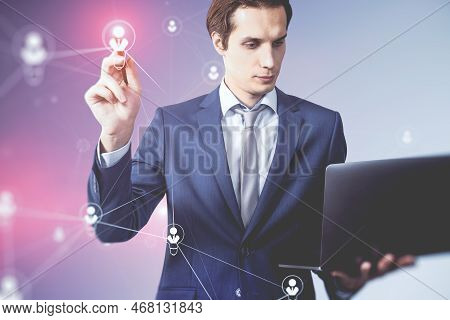 Cyber And Social Network Concept With Businessman Looking At Laptop Screen And Using Stilus Working 