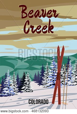 Ski Travel Resort Poster Vintage Beaver Creek. Colorado Usa Winter Landscape Travel Card