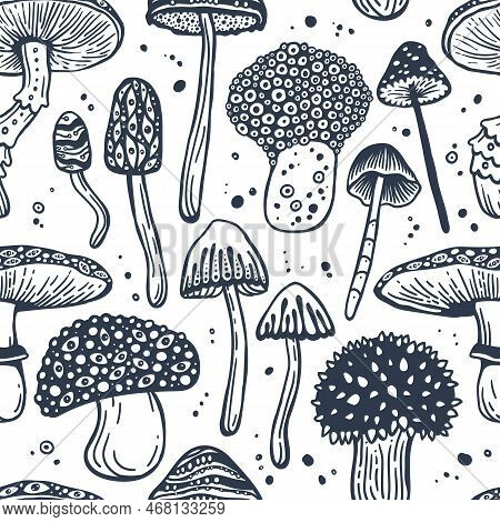 Beautiful Seamless Vector Pattern Of Psilocybin Mushrooms. Stylized Image Of Hallucinogenic Mushroom
