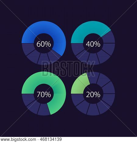 Donut Infographic Chart Design Template Set For Dark Theme. Progress Indicator. Loading Time. Visual