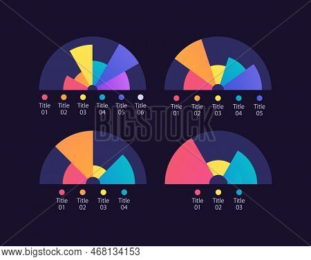Semi Circle Pie Infographic Chart Design Template Set For Dark Theme. Visual Data Presentation. Edit