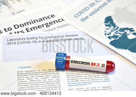 Blood Tube With Positive Result For Test Detection Of Virus Covid-19 Omicron Bf.7 Variant On Papers 