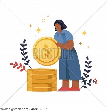 Money Increasing Or Funds Accumulating, Vector Illustration. Woman Keeps Or Saves Money, Isolated Cl