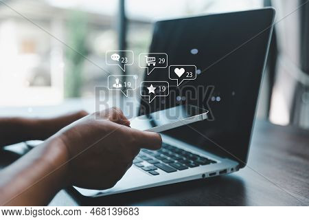 Business Woman Using Smart Phone With Social Network Service Or Sns, Social Media Concept. Woman Usi
