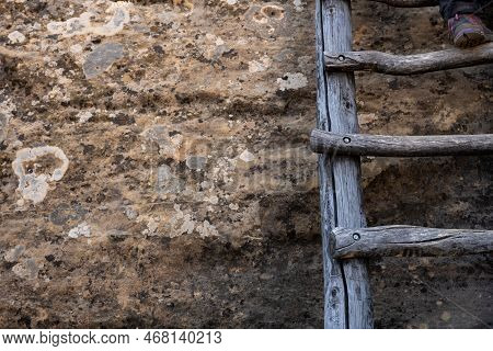 Copy Space Over Rock Wall To Left Of Wooden Ladder In Mesa Verde National Park