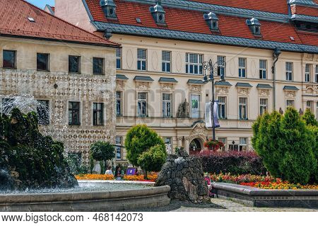 Banska Bystrica, Slovakia - August 17, 2021: View Of Snp Square - Colorful Historic Buildings, Bloom