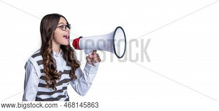 Photo Of Teen Girl Announcer With Megaphone, Advertisement. Teen Girl Announcer