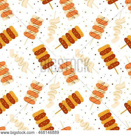Korean Street Food Seamless Pattern. Rice Cake Skewers Sotteok Sotteok With Sausages And Rice. Asian
