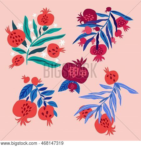 Beautiful Hand Drawn Set  With Pomegranate   Fruit For Modern Design  Template Background For Textil