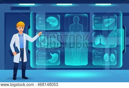 Medical Holographic Scene . Doctor Is Diagnose By Health Technology With Patient Body Scan . Augment