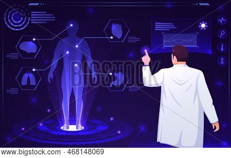 Medical Holographic Scene . Doctor Is Diagnose By Health Technology With Patient Body Scan . Augment