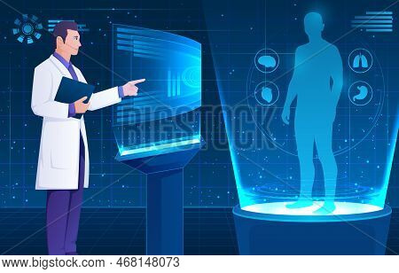 Medical Holographic Scene . Doctor Is Diagnose By Health Technology With Patient Body Scan . Augment