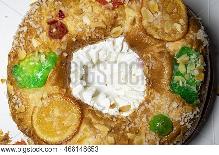 Roscón. Roscon De Reyes. Kingcake. Bun Made With A Sweet Dough In The Shape Of A Toroid Decorated Wi