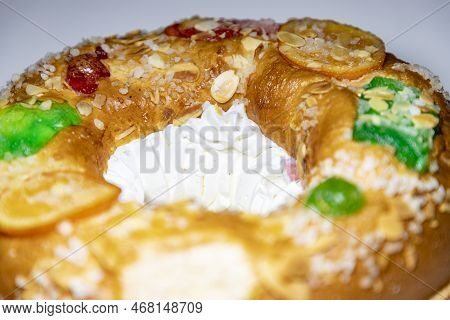Roscón. Roscon De Reyes. Kingcake. Bun Made With A Sweet Dough In The Shape Of A Toroid Decorated Wi