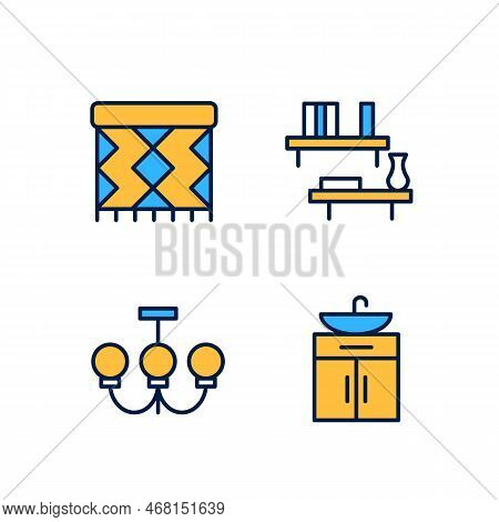 Home Decor And Furniture Pixel Perfect Rgb Color Icons Set. Ceiling Light. Floating Shelf. Rug Pad. 