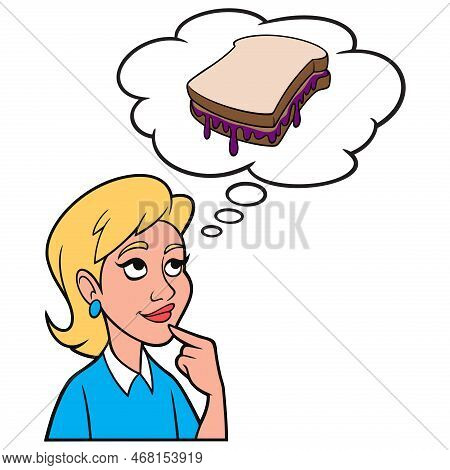 Girl Thinking About A Peanut Butter And Jelly Sandwich - A Cartoon Illustration Of A Girl Thinking A