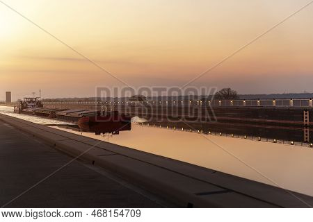 Scenic View Od Big Cargo Freight Tugboat Barge Boat Ship Sailing By German Inland Canal Magdeburg Br