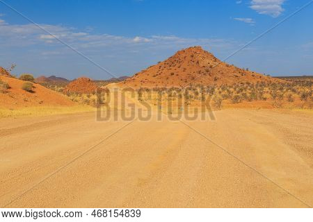 Namibian Landscape Along The Gravel Road. Red Ground And African Vegetation Around. Damaraland, Home